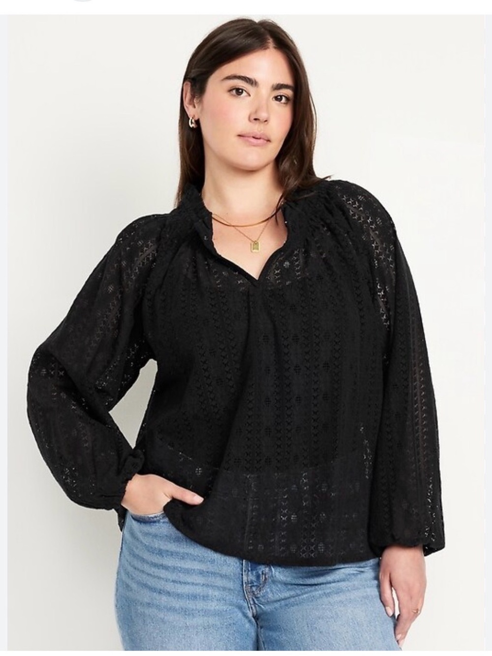 Old Navy Split Neck Lace Black Eyelet Long-Sleeve Blouse Size L